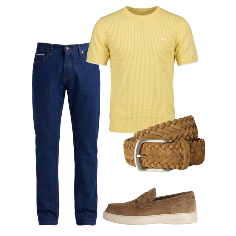 Outfit uomo - Agosto. Stile Casual per Tutti i giorni. Abbinamento con t-shirt, jeans, cinture, scarpe stringate.