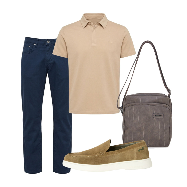 Outfit uomo - Agosto. Stile Casual per Tutti i giorni. Abbinamento con polo, pantaloni, scarpe stringate, portafogli.