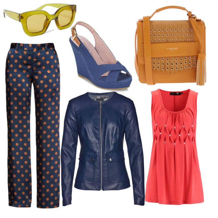 Outfit donna - Rock #799. Stile Rock per Ufficio. Abbinamento con borsa a tracolla mini interno foderato in pelle sintetica con nappine, vestiti chemisier, pantalone fantasia effetto satinato blu, giacca in pelle sintetica, sandali blu, vestito sagomati petite lenti colorate stanghette sottili in denim.