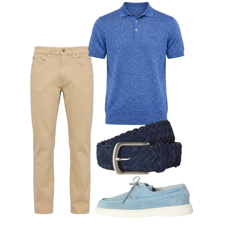 Outfit uomo - Agosto. Stile Casual per Tutti i giorni. Abbinamento con scarpe stringate, polo, pantaloni, cinture.