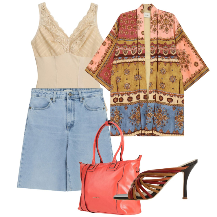 Outfit donna - Body a vista. Stile Casual chic per Tutti i giorni. Abbinamento con zaini, body, sandali col tacco, kimono, shorts.
