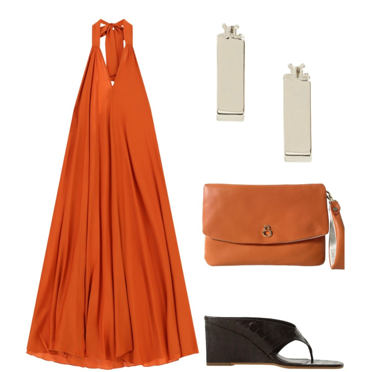 Outfit donna - Da mattina a sera. Stile Trendy per Serata fuori. Abbinamento con vestiti lunghi, sandali col tacco, orecchini, pochette.
