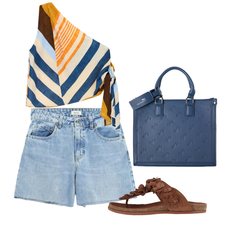 Outfit donna - On shorts. Stile Casual chic per Tutti i giorni. Abbinamento con infradito, borse a mano, top, shorts.