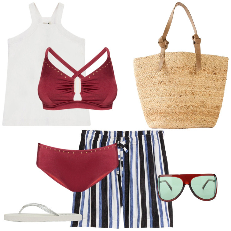 Outfit donna - Le righe. Stile Casual chic per Mare. Abbinamento con shopping bag, shorts, infradito, occhiali da sole, top, bikini.