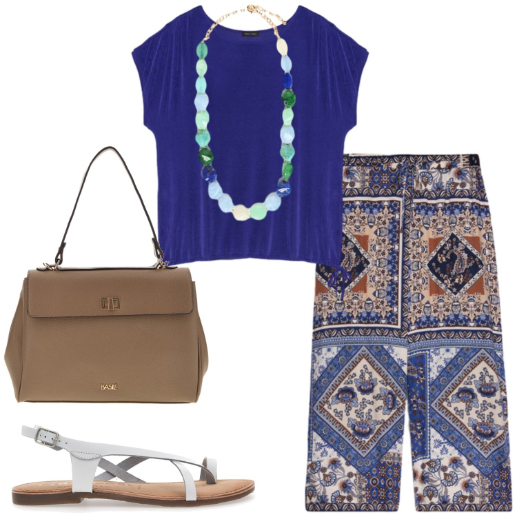 Outfit donna - Total look #2450051. Stile Casual per Tutti i giorni. Abbinamento con t-shirt, collane, pantaloni, sandali, borse a tracolla.