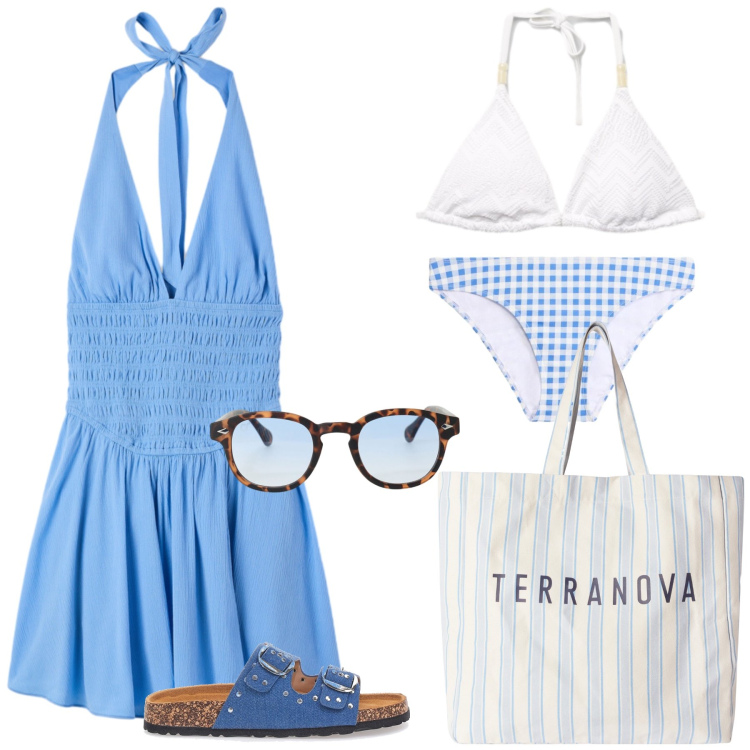 Outfit donna - Al mare. Stile Preppy per Mare. Abbinamento con bikini, shopping bag, tuta corta, bikini, occhiali da sole, ciabatte.