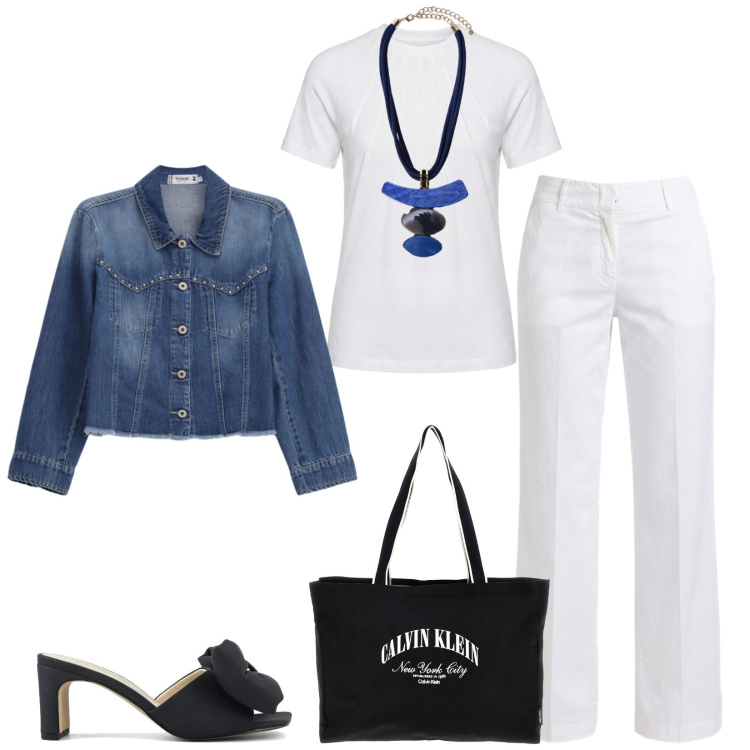 Outfit donna - Total look #2450053. Stile Casual chic per Tutti i giorni. Abbinamento con pantaloni, t-shirt, blazer, ciondoli, sandali col tacco, borse a spalla.