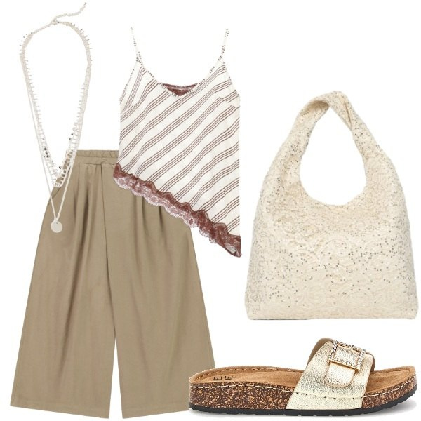 Outfit donna - Estate. Stile Casual per Tutti i giorni. Abbinamento con collane, borse a spalla, top, pantaloni a palazzo, ciabatte.