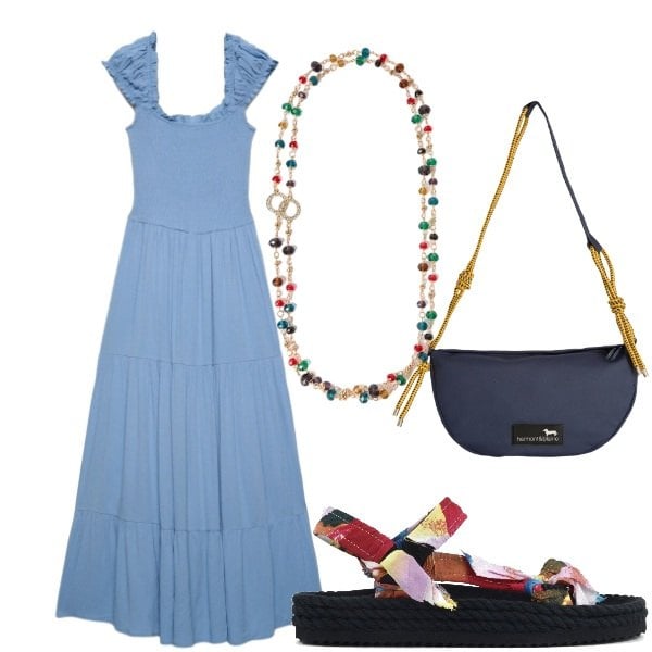Outfit donna - Estate. Stile Casual per Tutti i giorni. Abbinamento con vestiti lunghi, borse a tracolla, collane, sandali.