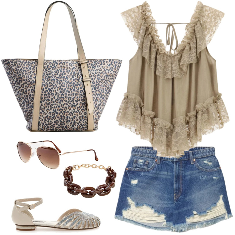 Outfit donna - Agosto. Stile Casual chic per Mare. Abbinamento con shopping bag, braccialetti, occhiali da sole, shorts, top, sandali.