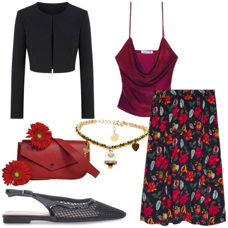 Outfit donna - Total look #2450057. Stile Chic per Serata fuori. Abbinamento con top, borse a tracolla, bolero, gonne longuette, braccialetti, ballerine.