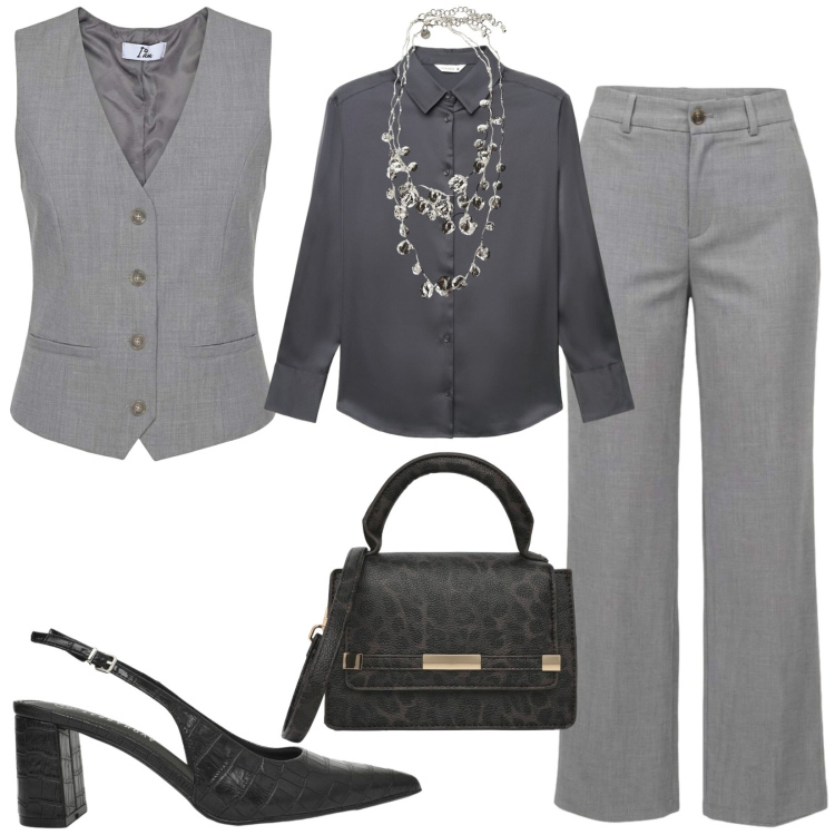 Outfit donna - Total look #2450058. Stile Chic per Ufficio. Abbinamento con camicie, décolleté, borse a tracolla, pantaloni, gilet, collane.