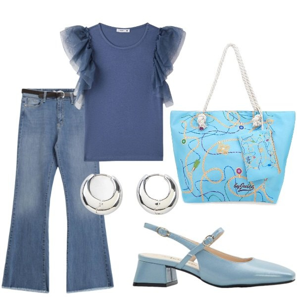Outfit donna - Serata tra amici. Stile Casual per Tutti i giorni. Abbinamento con décolleté, orecchini, t-shirt, jeans, shopping bag.