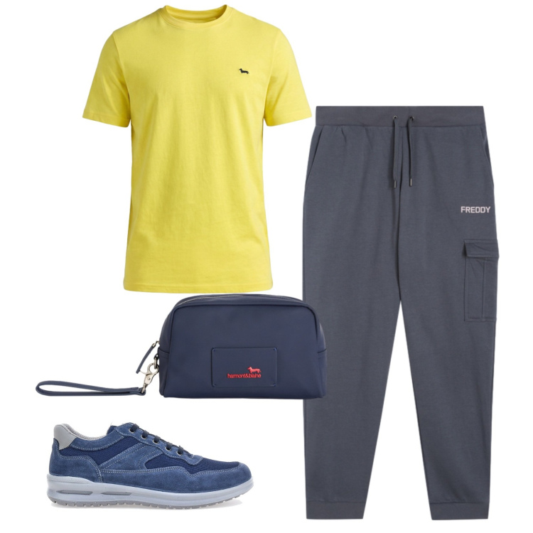 Outfit uomo - Total look #2450064. Stile Trendy per Sport. Abbinamento con t-shirt, borse sportive, pantaloni cargo, sneakers.