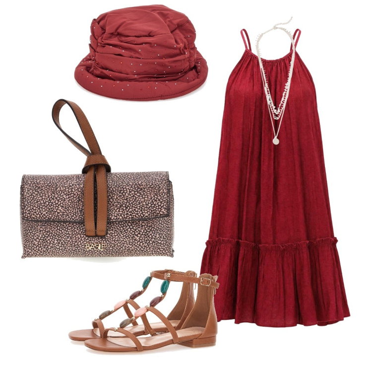 Outfit donna - In città. Stile Glamour per Tutti i giorni. Abbinamento con collane, vestiti corti, cappelli, sandali gioiello, borse a tracolla.