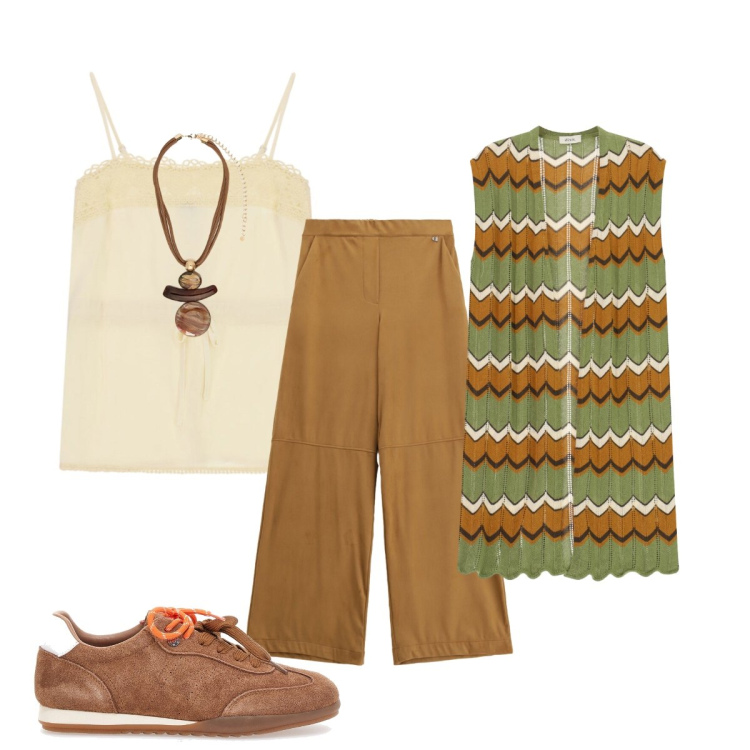 Outfit donna - Sofisticato e comodo. Stile Casual chic per Tutti i giorni. Abbinamento con top, gilet, pantaloni a palazzo, ciondoli, sneakers.