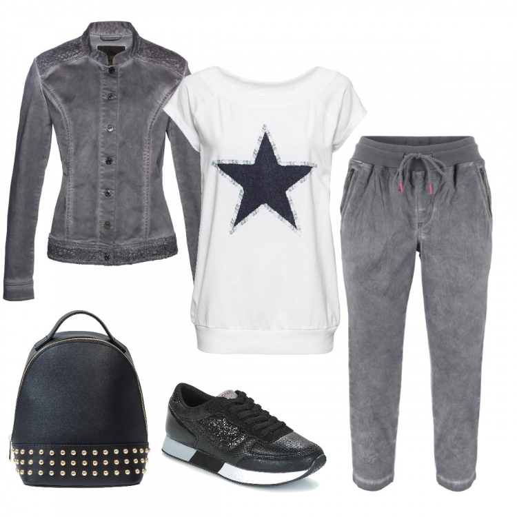 Outfit donna - Sportiva. Stile Basic per Sport. Abbinamento con pantaloni capri, maglia taglio dritto con scollo bianco, giacca, zaino, scarpe.
