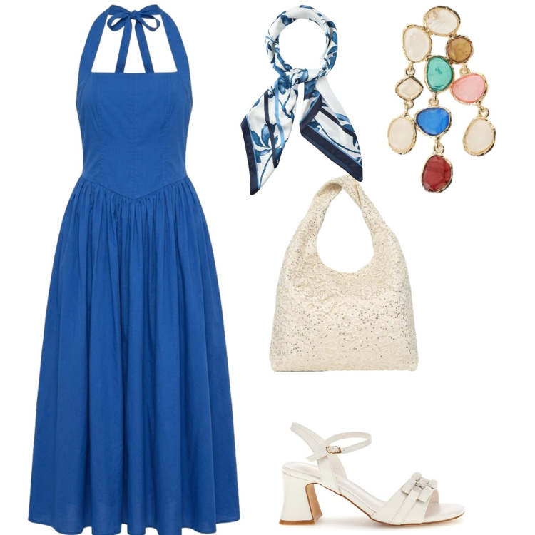 Outfit donna - Aperitivo vista mare. per Mare. Abbinamento con foulard, borse a spalla, vestiti lunghi, orecchini, sandali col tacco.