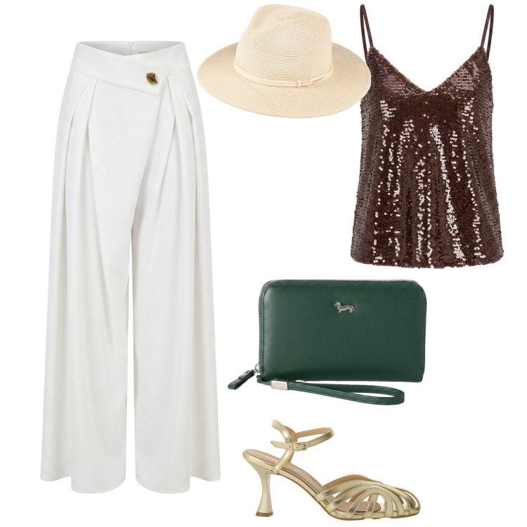 Outfit donna - Cena vista mare. per Mare. Abbinamento con cappelli, portafogli, sandali col tacco, pantaloni a palazzo, top.