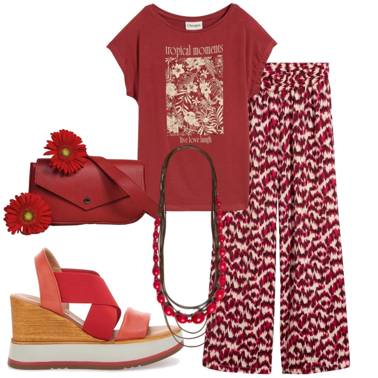 Outfit donna - Red. Stile Casual per Tutti i giorni. Abbinamento con t-shirt, pantaloni a palazzo, borse a tracolla, collane, sandali col tacco.