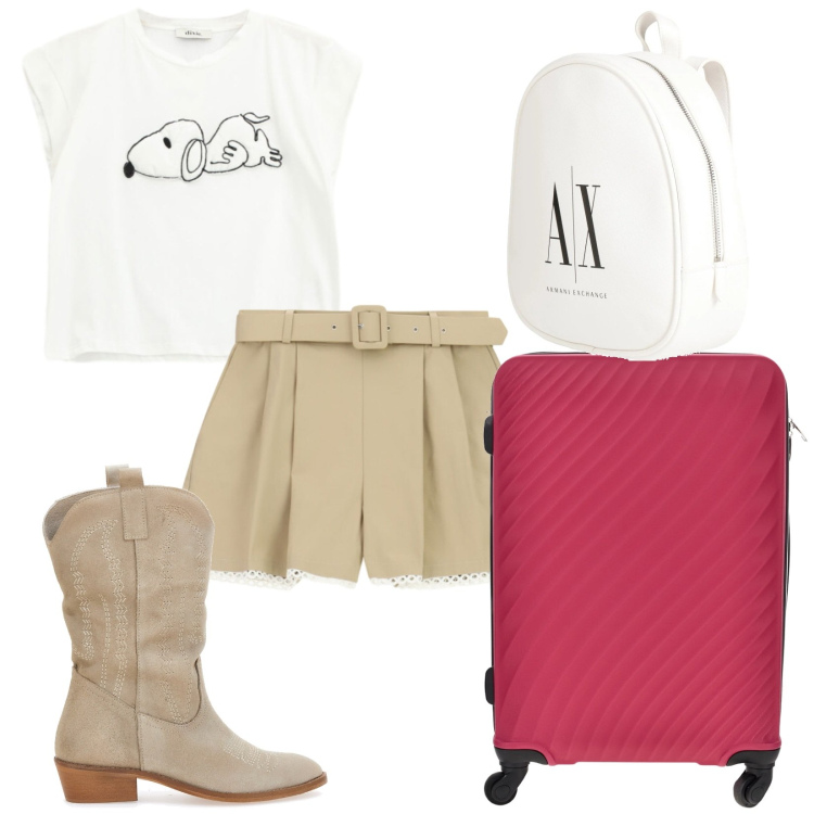 Outfit donna - Teenagers in vacanza. Stile Trendy per Tutti i giorni. Abbinamento con zaini, shorts, t-shirt, stivaletti texani, valigie.