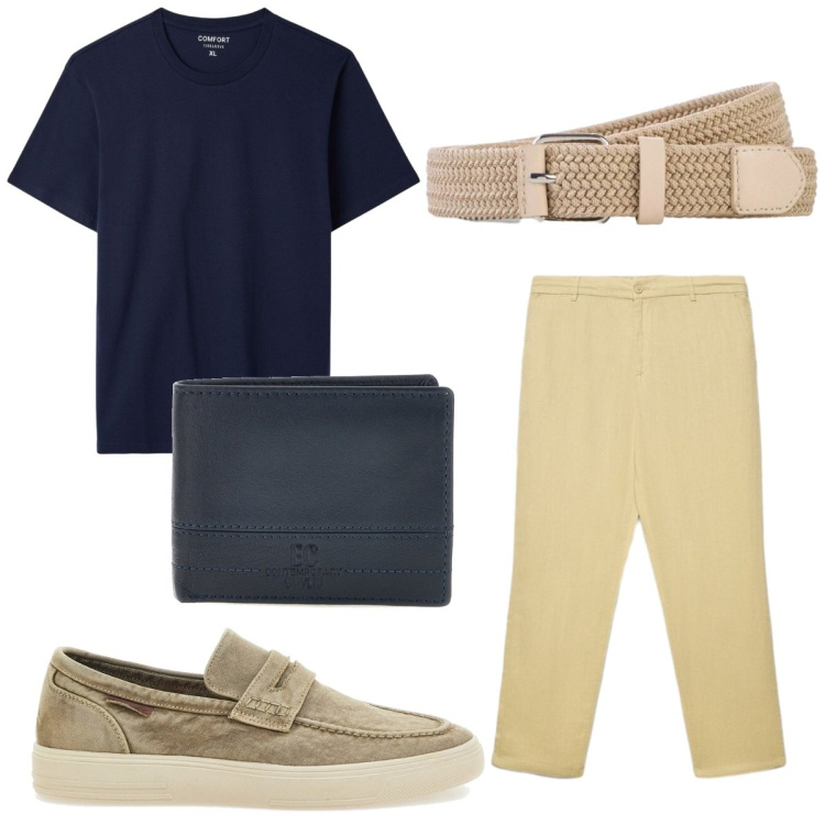 Outfit uomo - Cena in vacanza. Stile Casual per Serata speciale. Abbinamento con cinture, pantaloni, t-shirt, scarpe stringate, portafogli.