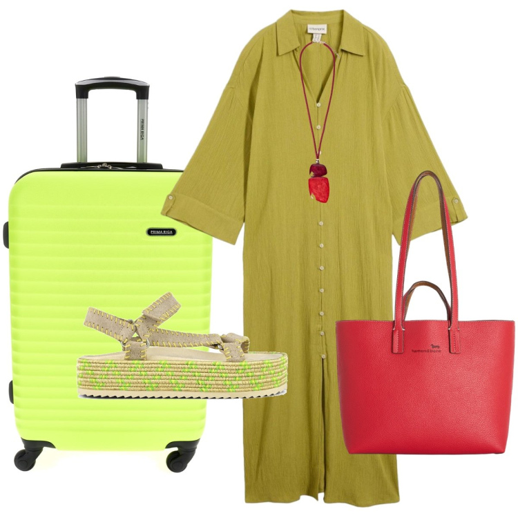 Outfit donna - Viaggio comodo. Stile Casual chic per Tutti i giorni. Abbinamento con caftani, shopping bag, ciondoli, sandali, valigie.