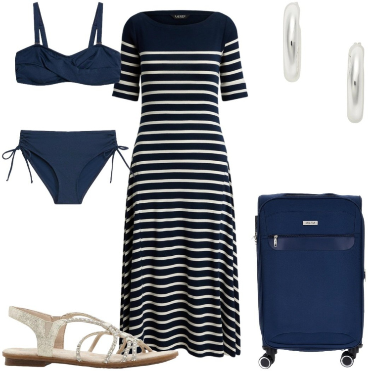 Outfit donna - Il maxi-dress per agosto : blu navy. Stile Trendy per Mare. Abbinamento con sandali, bikini, orecchini, vestiti, valigie.
