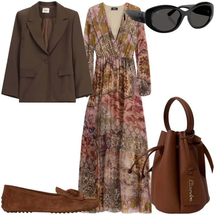 Outfit donna - Il maxi-dress per agosto verso l\'autunno. Stile Trendy per Tutti i giorni. Abbinamento con vestiti lunghi, blazer, occhiali da sole, mocassini, borse a secchiello.
