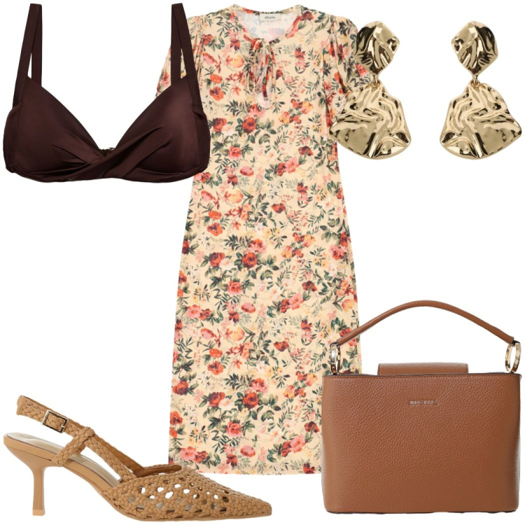 Outfit donna - Il maxi-dress per agosto: romantica. Stile Romantica per Mare. Abbinamento con bikini, orecchini, vestiti midi/longuette, borse a secchiello, décolleté.