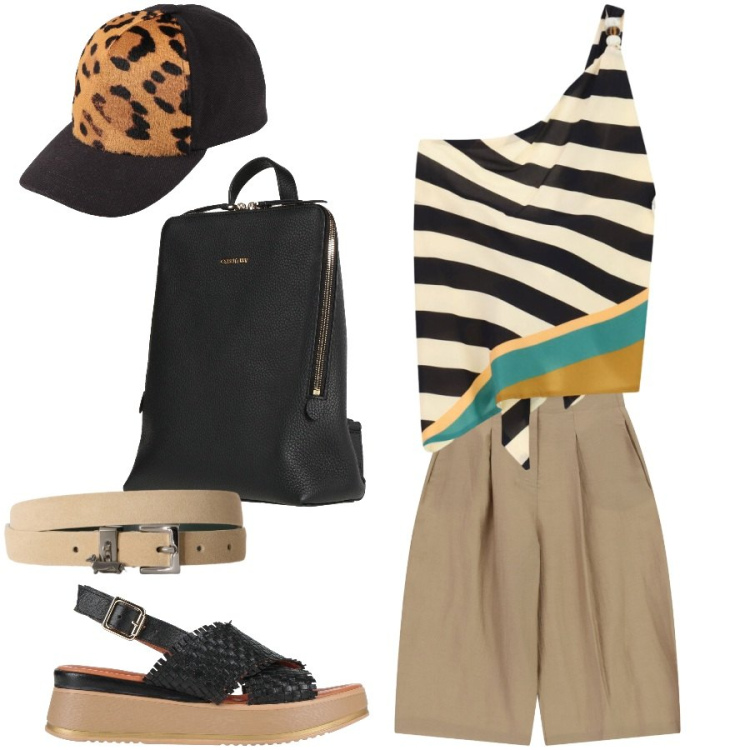 Outfit donna - Urban style. Stile Casual chic per Tutti i giorni. Abbinamento con zaini, cappelli con visiera, sandali in pelle, cinture, shorts, top.