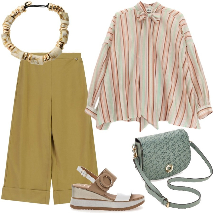 Outfit donna - In ufficio. Stile Casual chic per Ufficio. Abbinamento con camicie, pantaloni a palazzo, braccialetti, borse a tracolla, zeppe.