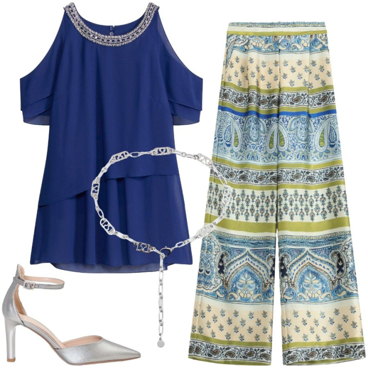 Outfit donna - Summer Party. Stile Chic per Serata fuori. Abbinamento con bluse, pantaloni a palazzo, cinture, décolleté.