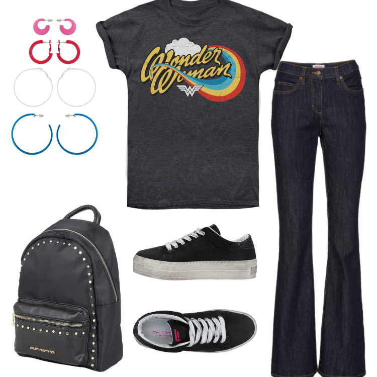 Outfit donna - Anni 90... di oggi. Stile Basic per Scuola/Università. Abbinamento con jeans bootcut, orecchini, sneakers tennis, borsa, t-shirt con scollo a maniche corte.