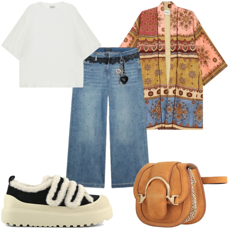Outfit donna - Total look #2450090. Stile Etnico per Tutti i giorni. Abbinamento con marsupi, t-shirt, kimono, jeans, sneakers.