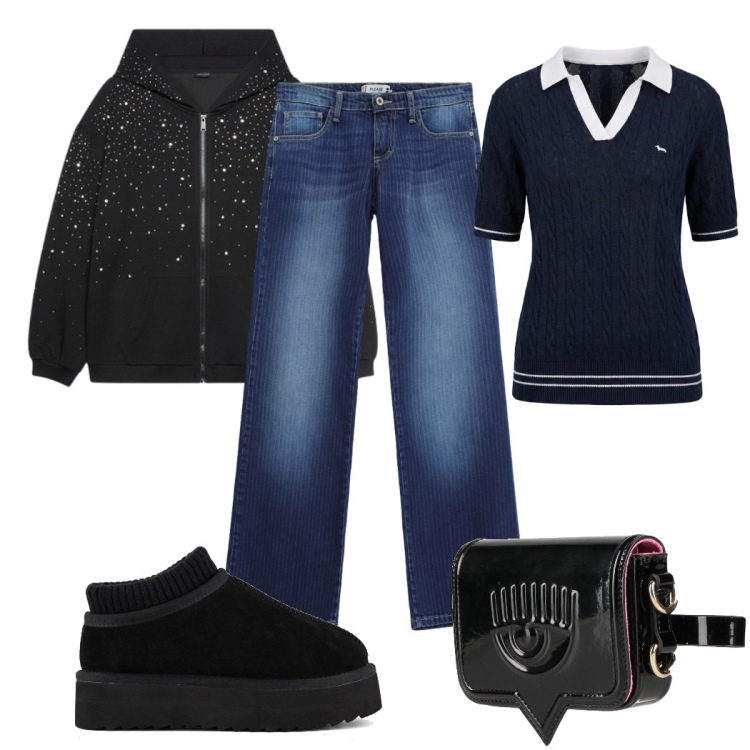 Outfit donna - Total look #2450094. Stile Basic per Scuola/Università. Abbinamento con marsupi, polo, jeans dritti, felpe con cappuccio, sabot.