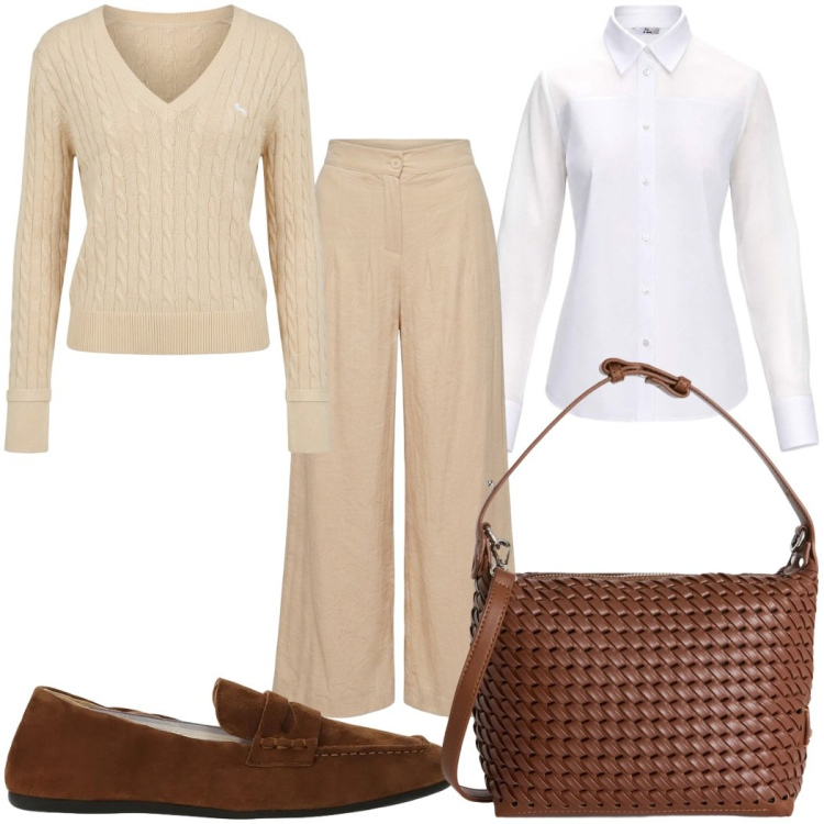 Outfit donna - Total look #2450097. Stile Minimal per Ufficio. Abbinamento con camicie, borse a spalla, pullovers, mocassini, pantaloni a palazzo.