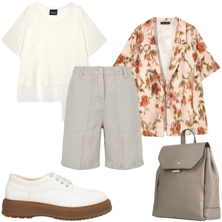 Outfit donna - Total look #2450103. Stile Trendy per Ufficio. Abbinamento con zaini, scarpe stringate, bermuda, blazer, t-shirt.