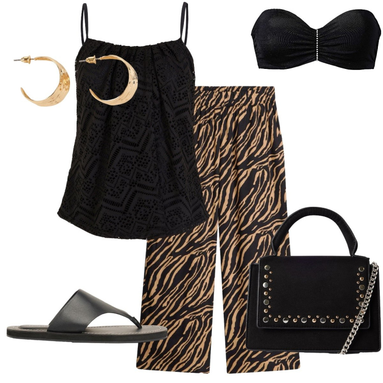Outfit donna - Pantaloni animalier. Stile Sexy per Serata fuori. Abbinamento con pantaloni, top, reggiseni, orecchini, infradito, borse a tracolla.