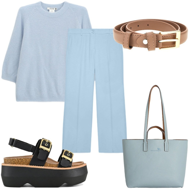 Outfit donna - Total look #2450111. Stile Minimal per Ufficio. Abbinamento con shopping bag, maglieria, pantaloni, sandali col tacco, cinture.