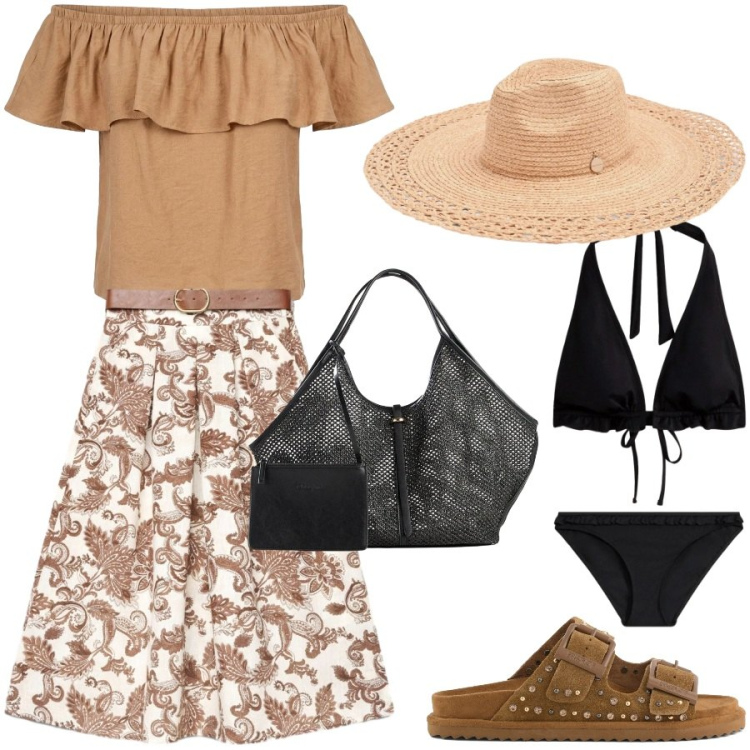 Outfit donna - Ferragosto 2026. Stile Casual chic per Tutti i giorni. Abbinamento con shopping bag, bikini, gonne lunghe, cappelli, top, sandali in pelle.