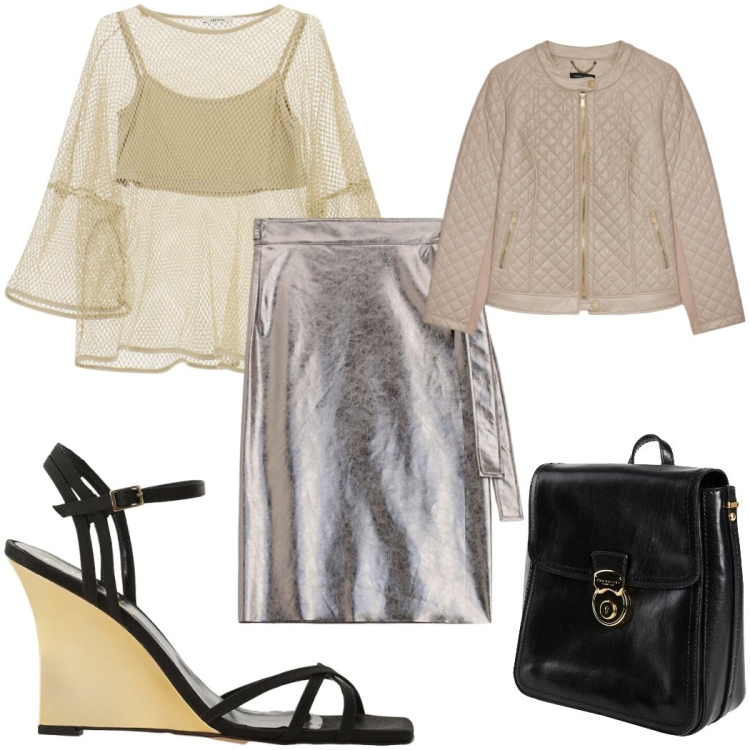 Outfit donna - Total look #2450113. Stile Glamour per Tutti i giorni. Abbinamento con zaini, sandali col tacco, top, gonne longuette, giacche.