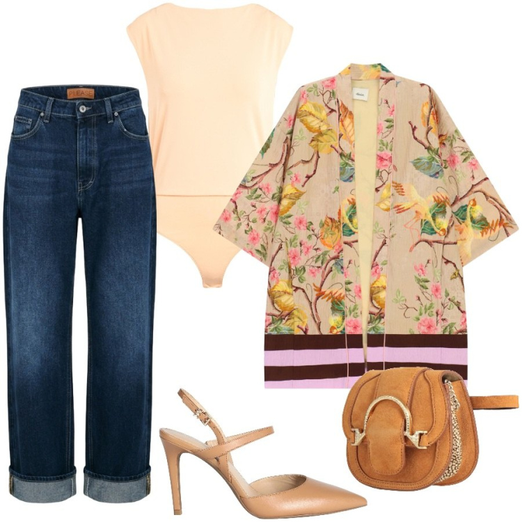 Outfit donna - Body e camicia. Stile Casual chic per Serata fuori. Abbinamento con marsupi, décolleté, body, jeans dritti, kimono.
