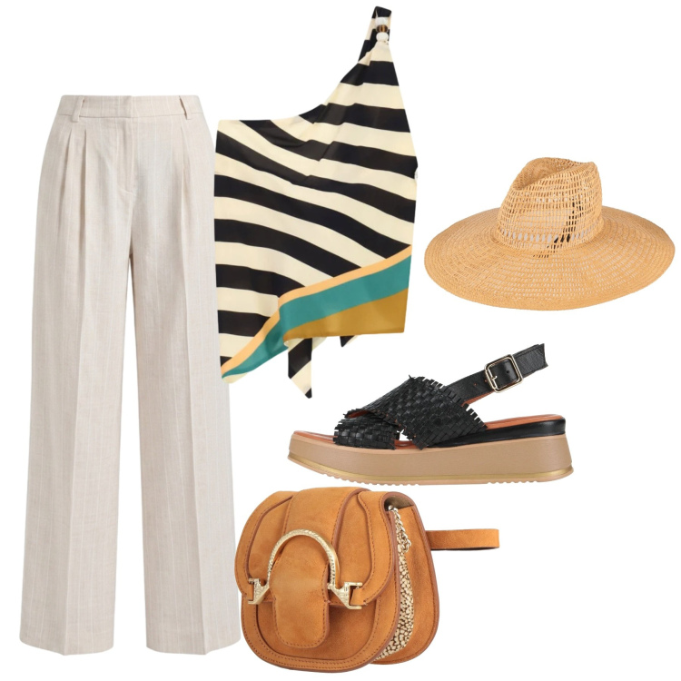 Outfit donna - Agosto. Stile Chic per Tutti i giorni. Abbinamento con cappelli, sandali in pelle, marsupi, pantaloni, top.