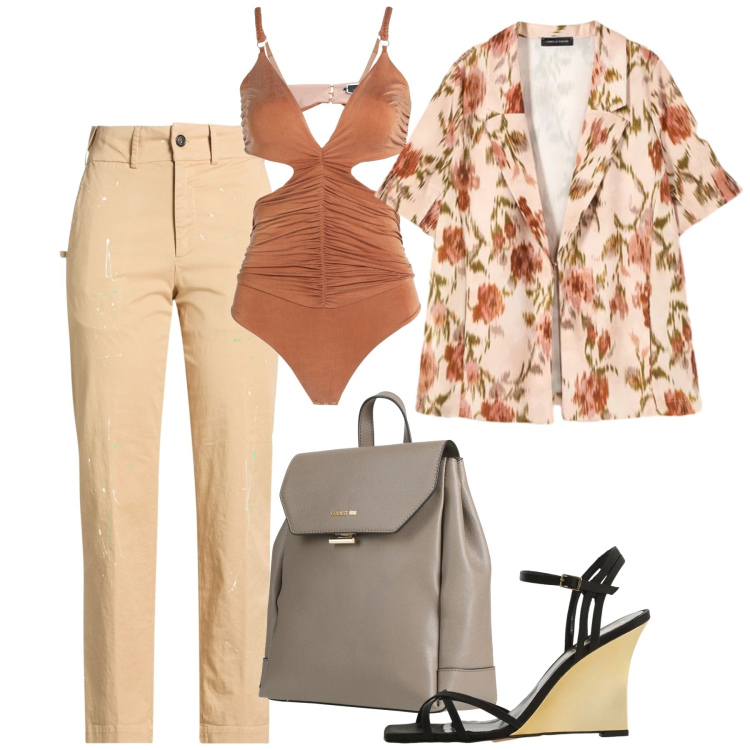 Outfit donna - Body come sottogiacca. Stile Chic per Tutti i giorni. Abbinamento con body, zaini, pantaloni, sandali col tacco, blazer.