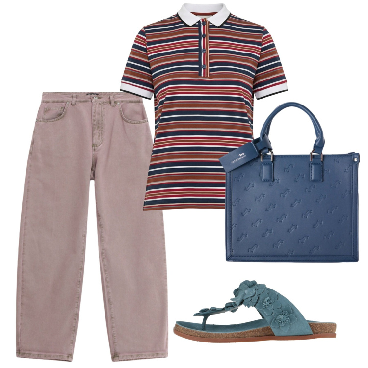 Outfit donna - Agosto. Stile Casual per Tutti i giorni. Abbinamento con infradito, polo, borse a mano, jeans.