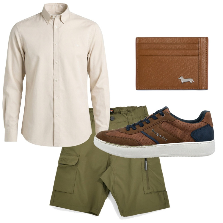 Outfit uomo - Minimal d\'agosto. Stile Casual per Tutti i giorni. Abbinamento con camicie, portafogli, scarpe stringate, bermuda.