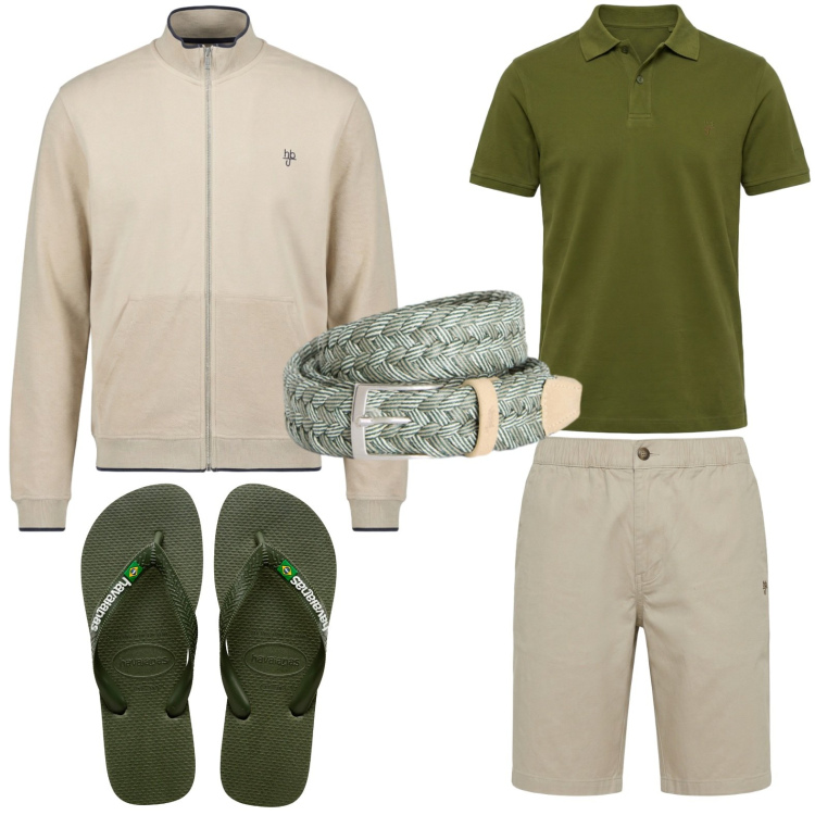 Outfit uomo - Toni pistacchio e panna. Stile Trendy per Tutti i giorni. Abbinamento con felpe, polo, cinture, bermuda, sandali.