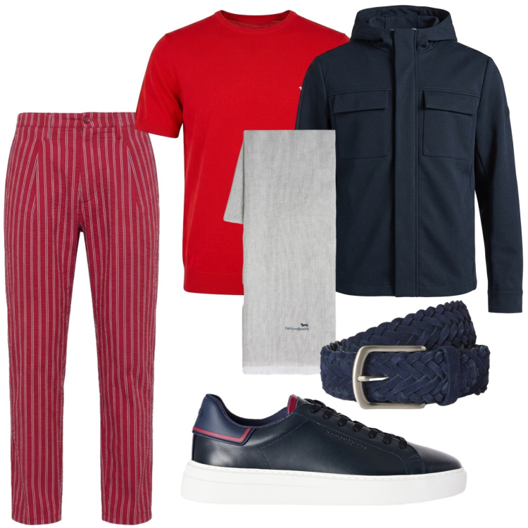 Outfit uomo - Righe d\'agosto. Stile Trendy per Tutti i giorni. Abbinamento con sciarpe, giacche, pantaloni, sneakers, t-shirt, cinture.