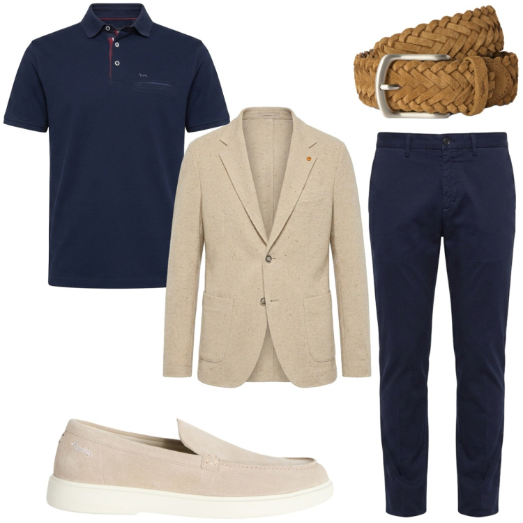 Outfit uomo - Polo estiva. Stile Casual per Ufficio. Abbinamento con scarpe stringate, giacche, polo, pantaloni chino, cinture.